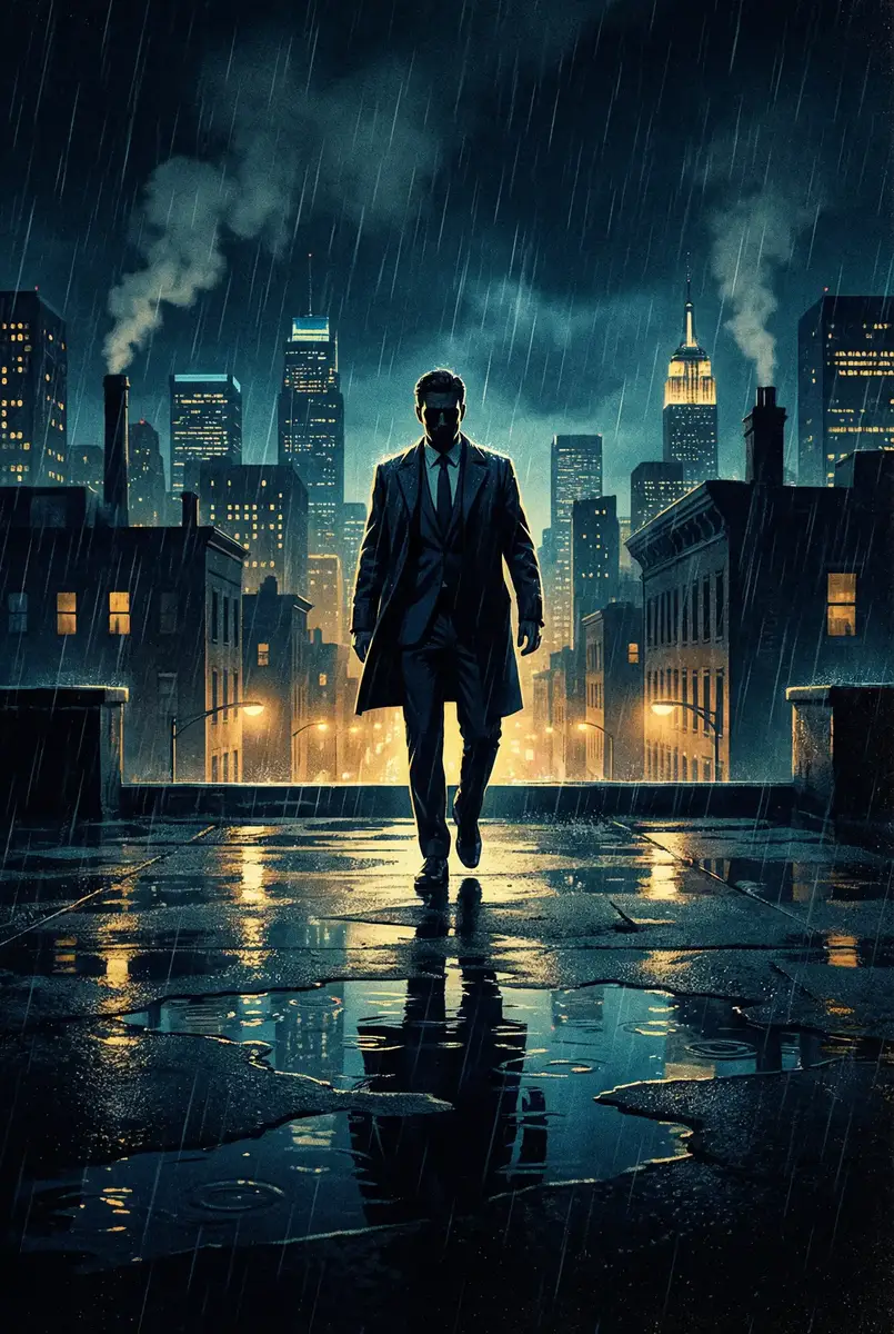 日本动漫人物打扑克 出品影片《雨夜独行者》海报，雨中城市屋顶男性剪影